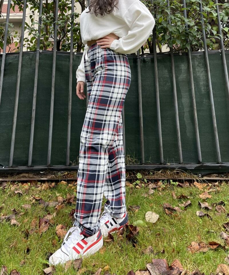 Kadın Pamuklu Ekose Desenli Pijama Altı Eşofman Kurdeleli Bordo Lacivert Kare - XXL