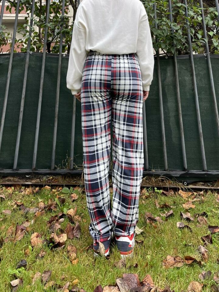 Kadın Pamuklu Ekose Desenli Pijama Altı Eşofman Kurdeleli Bordo Lacivert Kare - XXL