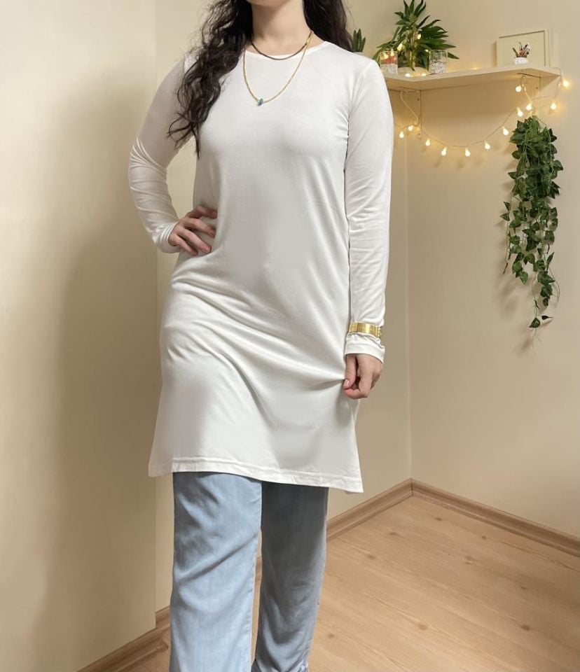  Kadın Uzun Kol Bisiklet Yaka Penye Tunik Içlik Dış Giyim EKRU - L/XL