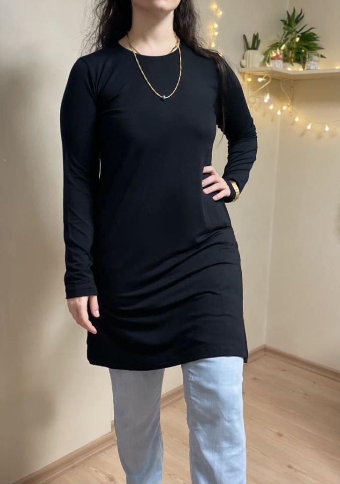  Kadın Uzun Kol Bisiklet Yaka Penye Tunik Içlik Dış Giyim Siyah - L-XL