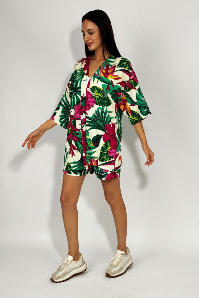 Dokuma Viskon Rahat Kesim Kimono Şort Alt Üst Takım Yeşil - 4XL