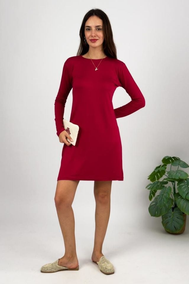  Kadın Uzun Kol Bisiklet Yaka Penye Tunik Içlik Dış Giyim Bordo - L-XL