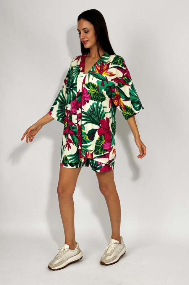 Dokuma Viskon Rahat Kesim Kimono Şort Alt Üst Takım YEŞİL - 5XL