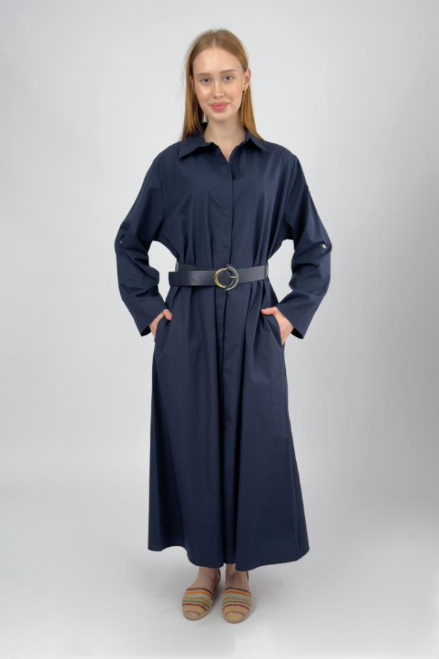 Kadın Pamuklu Kemerli Midi Boy Gömlek Elbise