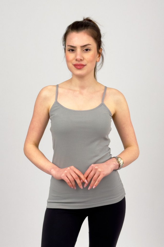 Kadın Pamuklu İp Askılı Esnek Rahat Yumuşak Dokulu Likralı Body GRİ - L