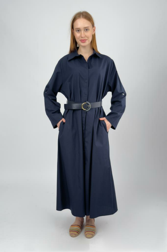 Kadın Pamuklu Kemerli Midi Boy Gömlek Elbise 22.2 Laci - STD