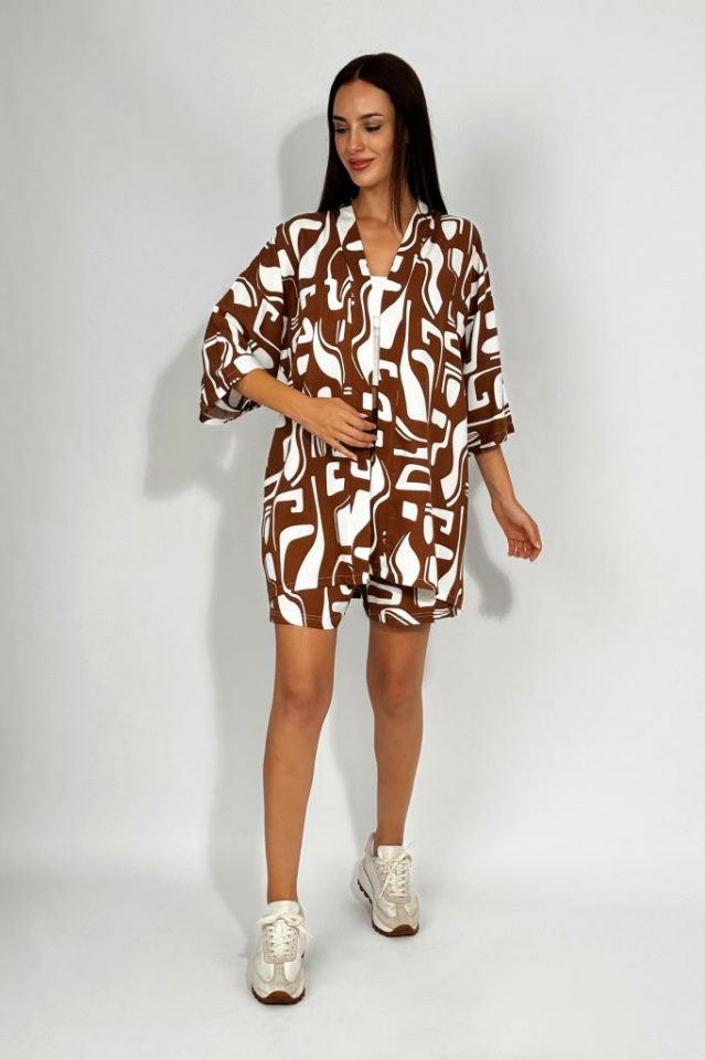 Dokuma Viskon Rahat Kesim Kimono Şort Alt Üst Takım Kahve - 5XL