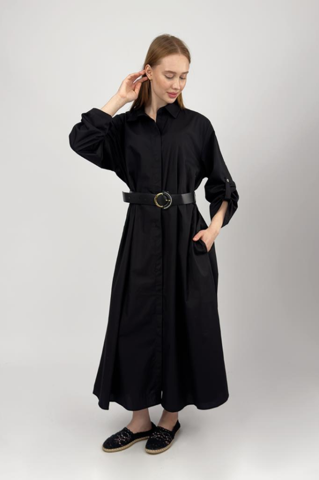 Kadın Pamuklu Kemerli Midi Boy Gömlek Elbise Siyah - STD