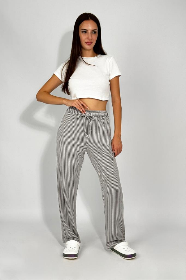 Kadın Beli Ayarlanabilir Çizgili Cepli Pantolon SİYAH - XL