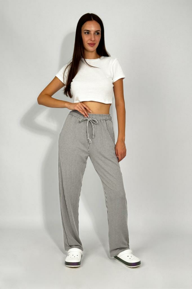 Kadın Beli Ayarlanabilir Çizgili Cepli Pantolon SİYAH - 3XL