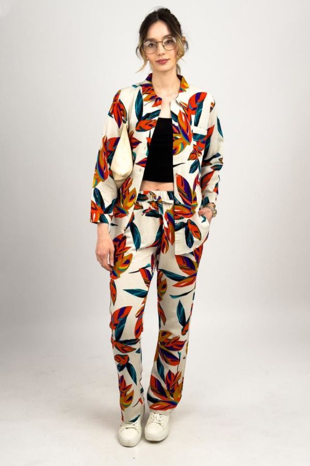 Kadın Keten Rahat Kalıp İkili Gömlek Alt Üst Takım TURUNCU - S