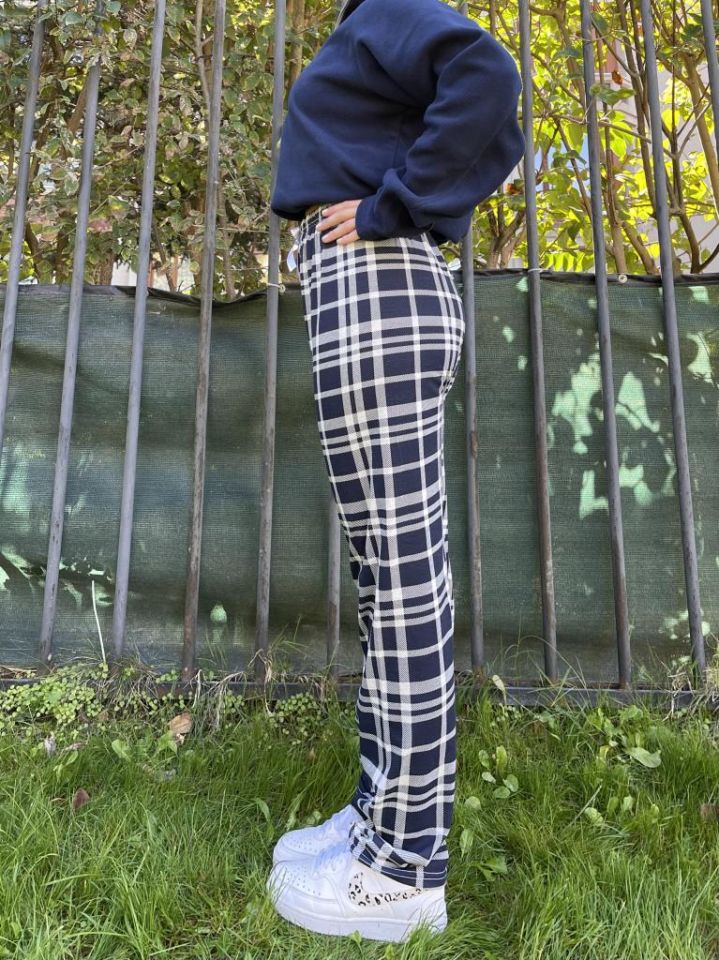 Kadın Pamuklu Ekose Desenli Pijama Altı Eşofman Kurdeleli Lacivert Beyaz - XL