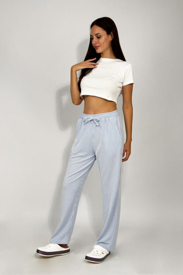 Kadın Beli Ayarlanabilir Çizgili Cepli Pantolon MAVİ - M