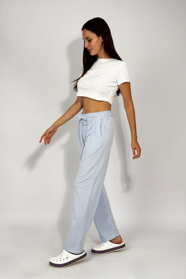Kadın Beli Ayarlanabilir Çizgili Cepli Pantolon MAVİ - M