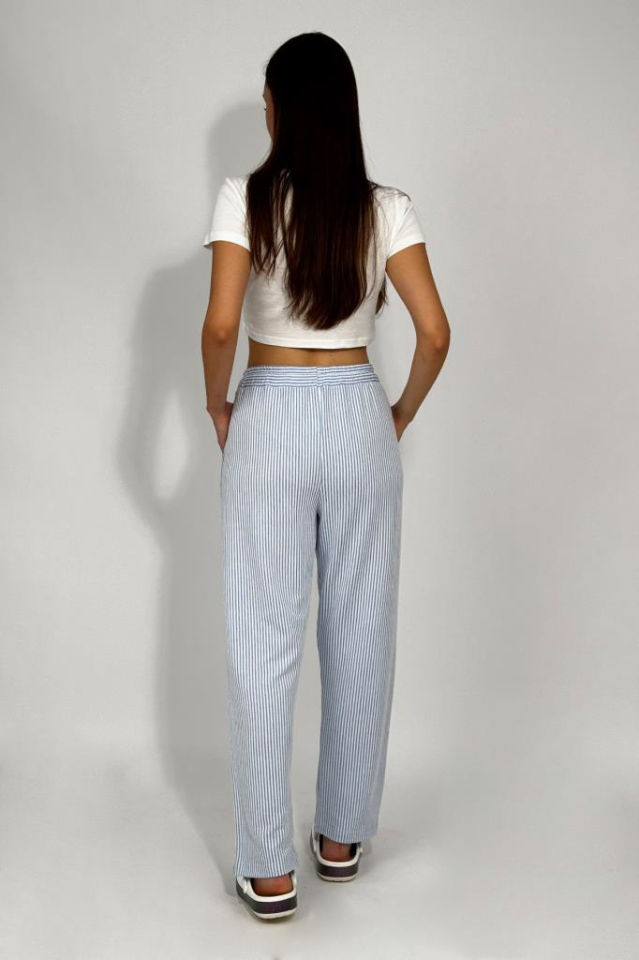 Kadın Beli Ayarlanabilir Çizgili Cepli Pantolon MAVİ - M