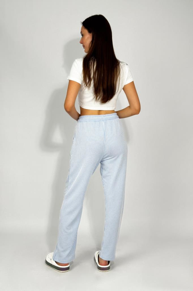 Kadın Beli Ayarlanabilir Çizgili Cepli Pantolon MAVİ - M