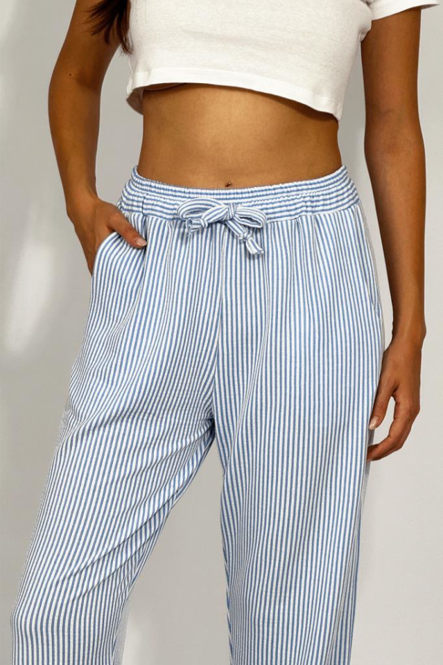 Kadın Beli Ayarlanabilir Çizgili Cepli Pantolon MAVİ - M