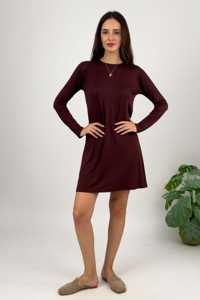  Kadın Uzun Kol Bisiklet Yaka Penye Tunik Içlik Dış Giyim Kahve - 2XL/3XL