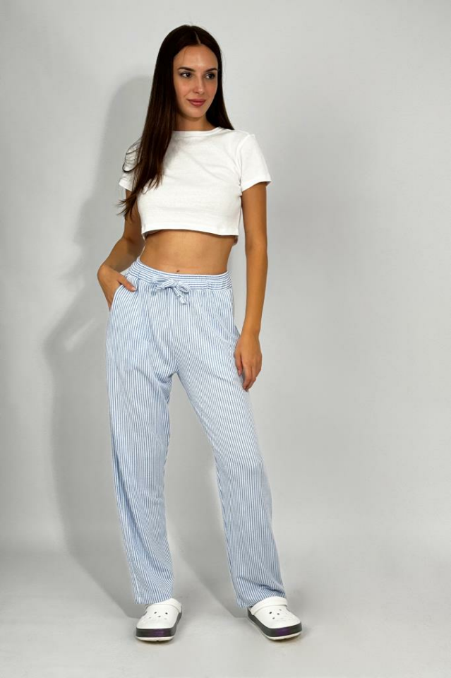 Kadın Beli Ayarlanabilir Çizgili Cepli Pantolon MAVİ - 2XL