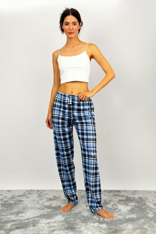 Kadın Pamuklu Ekose Desenli Pijama Altı Eşofman Kurdeleli Açık Mavi Beyaz - XL