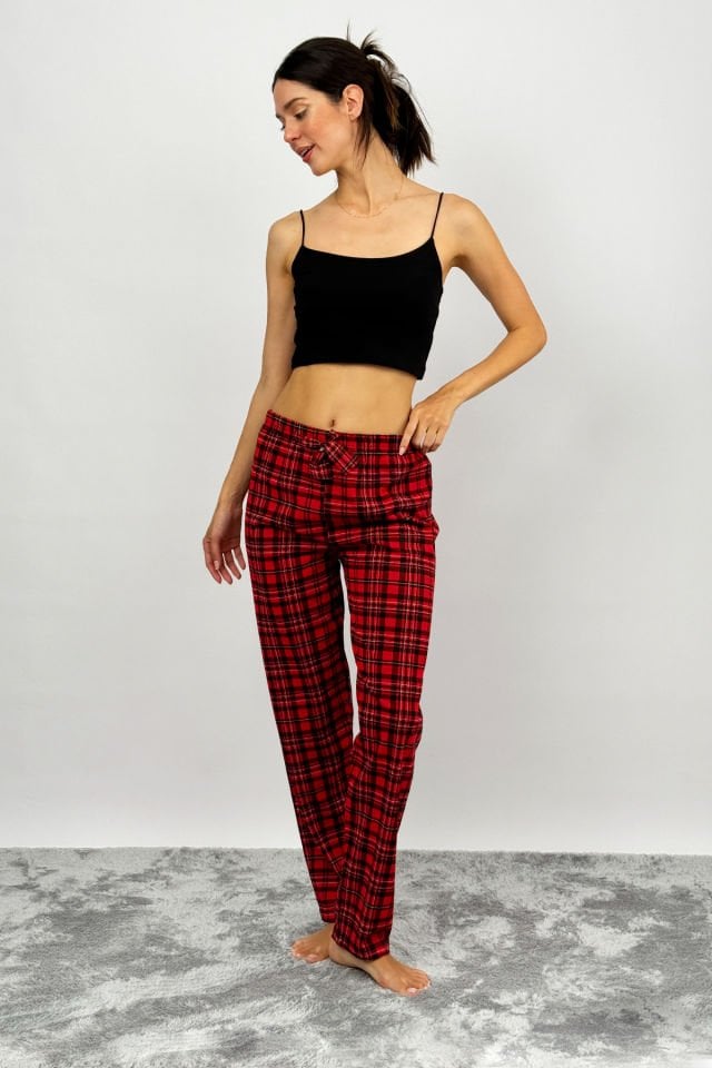 Kadın Pamuklu Ekose Desenli Pijama Altı Eşofman Kurdeleli Kırmızı Siyah - M