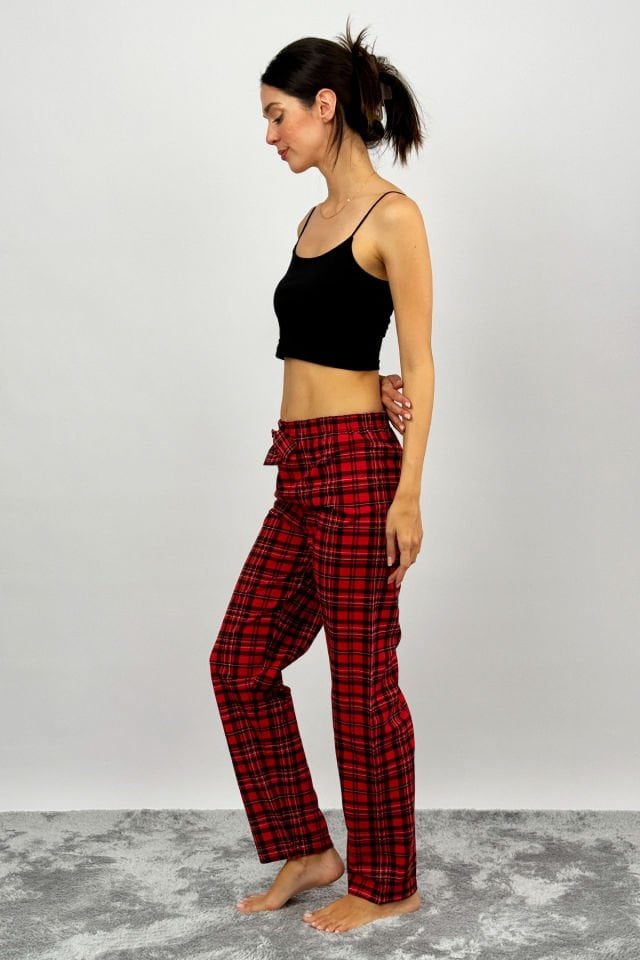 Kadın Pamuklu Ekose Desenli Pijama Altı Eşofman Kurdeleli Kırmızı Siyah - M