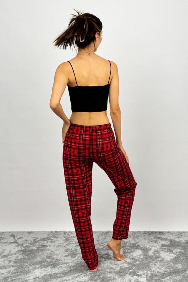 Kadın Pamuklu Ekose Desenli Pijama Altı Eşofman Kurdeleli Kırmızı Siyah - M