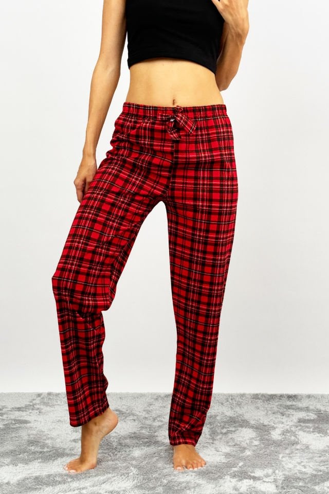 Kadın Pamuklu Ekose Desenli Pijama Altı Eşofman Kurdeleli Kırmızı Siyah - M