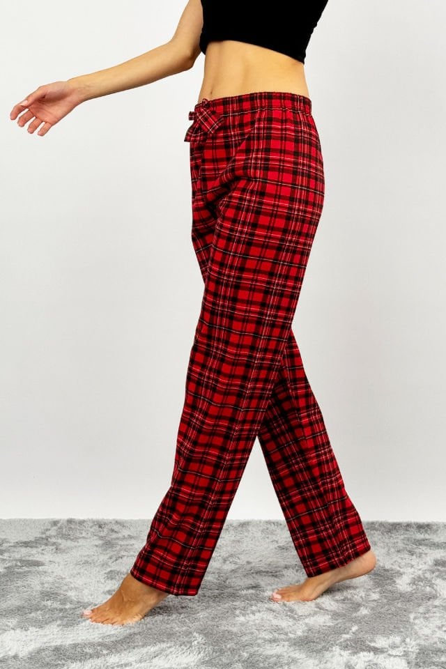 Kadın Pamuklu Ekose Desenli Pijama Altı Eşofman Kurdeleli Kırmızı Siyah - M