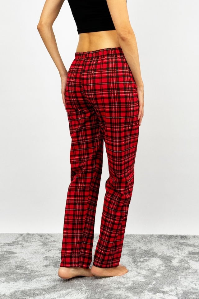 Kadın Pamuklu Ekose Desenli Pijama Altı Eşofman Kurdeleli Kırmızı Siyah - M