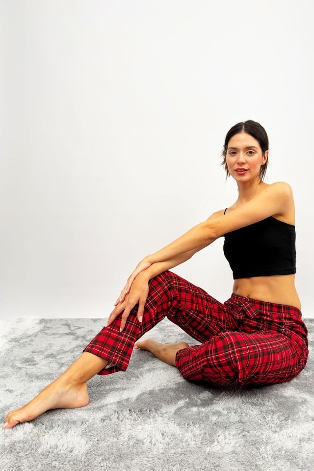 Kadın Pamuklu Ekose Desenli Pijama Altı Eşofman Kurdeleli Kırmızı Siyah - M