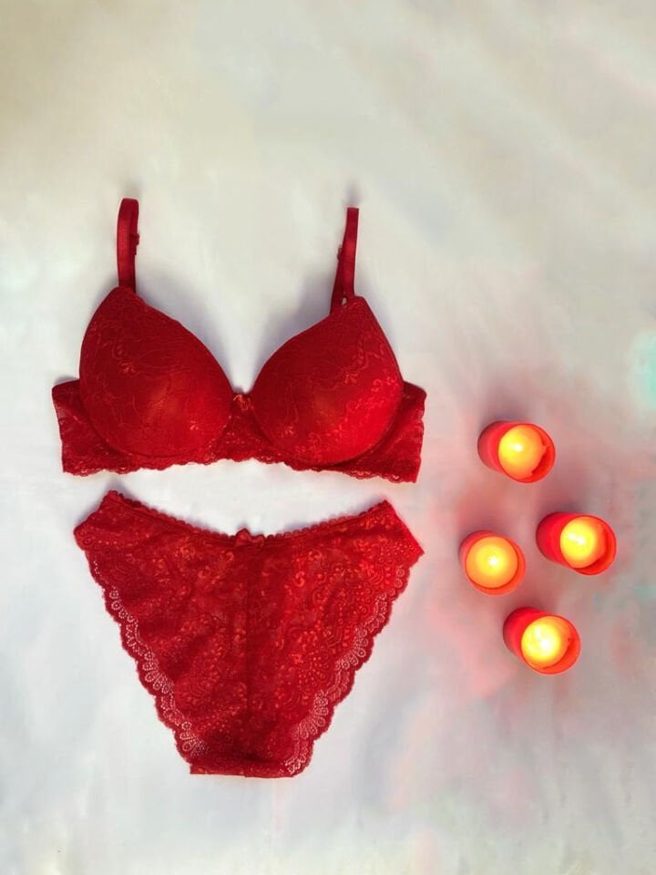 Kadın Dantelli Desteksiz İç Çamaşırı Takım KIRMIZI - 80