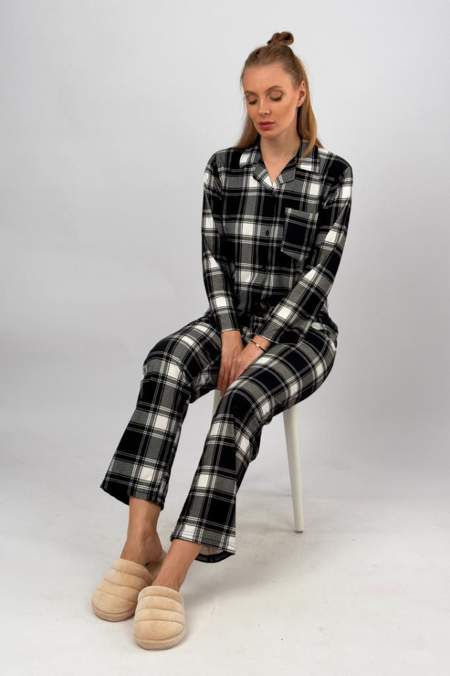 Kadın Kadife Süet Önden Düğmeli Cepli Kışlık Sıcak Tutan Lastikli Bel Pijama Takımı Siyah Pötikare - XL