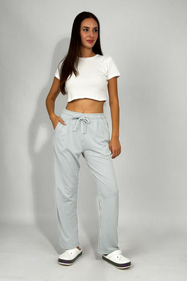 Kadın Beli Ayarlanabilir Çizgili Cepli Pantolon YEŞİL - XL