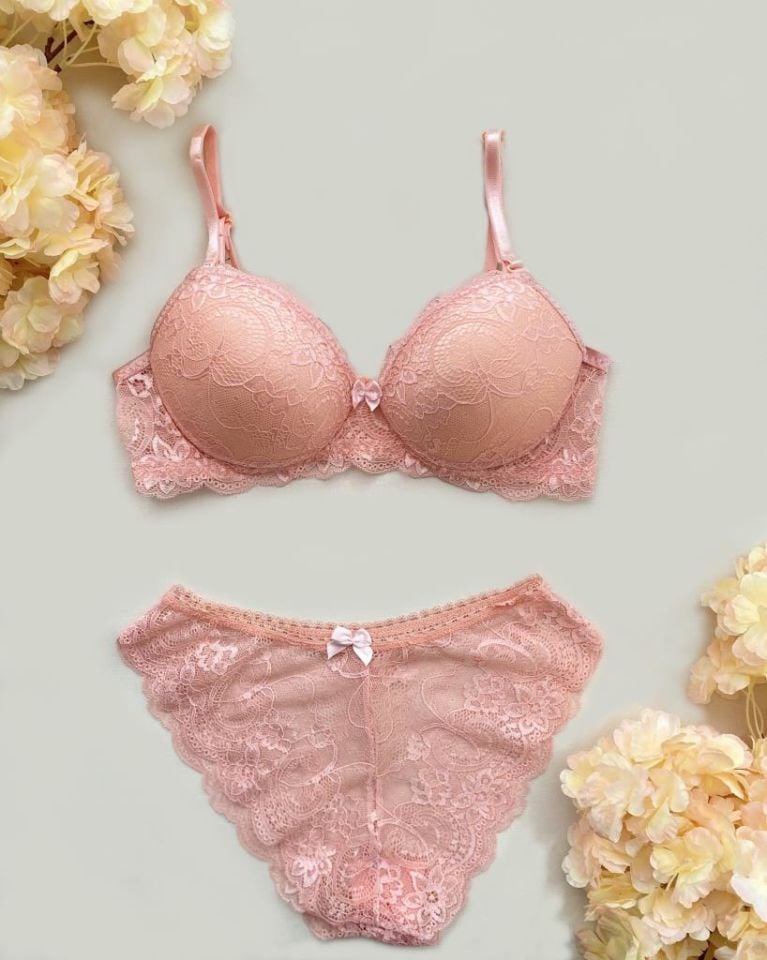 Kadın Dantelli Desteksiz İç Çamaşırı Takım Yavruağzı - 80