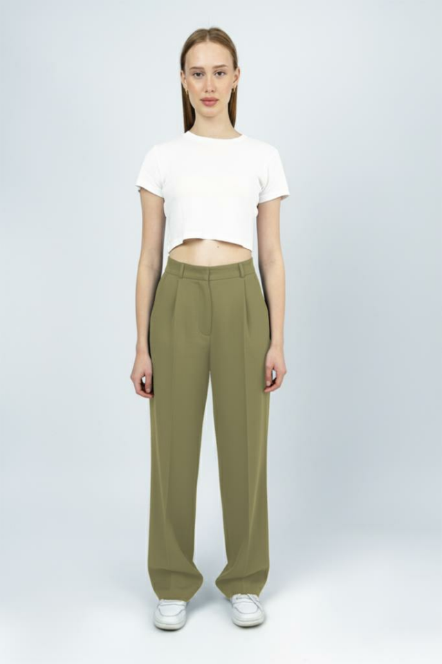Kadın Yüksek Bel Palazzo Pantolon Haki - S