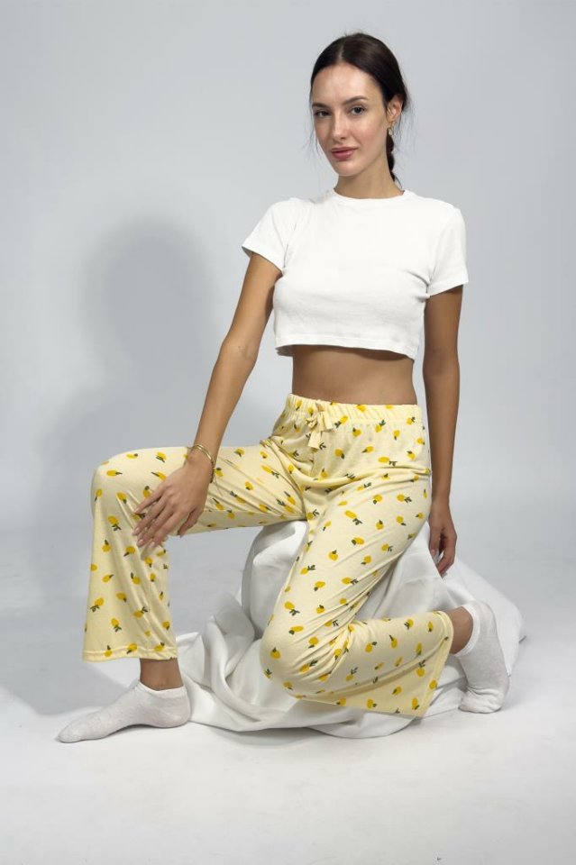 Kadın Dört Mevsim Poliviskon Kurdeleli Pijama Altı Sarı - M