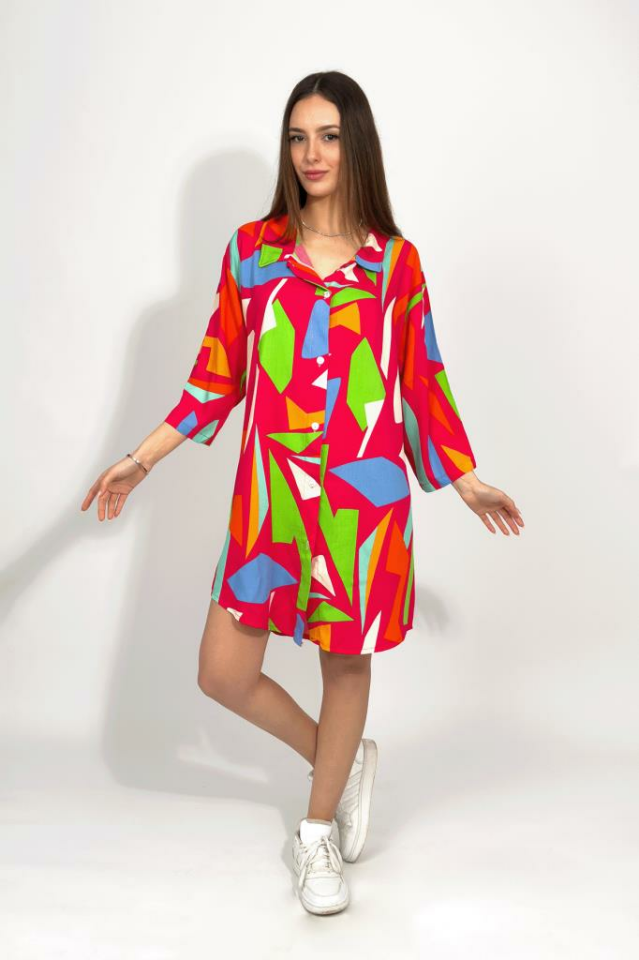 Kadın Dokuma Viskon Günlük Rahat Gömlek Yaka Elbise