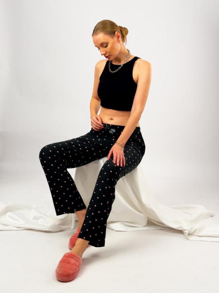 Kadın Kadife Pijama Altı Eşofman Pamuklu Siyah Pembe - L