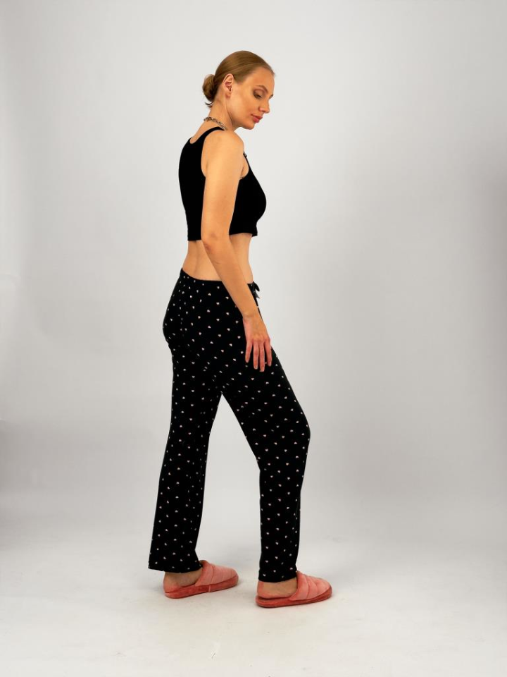 Kadın Kadife Pijama Altı Eşofman Pamuklu Siyah Pembe - XL