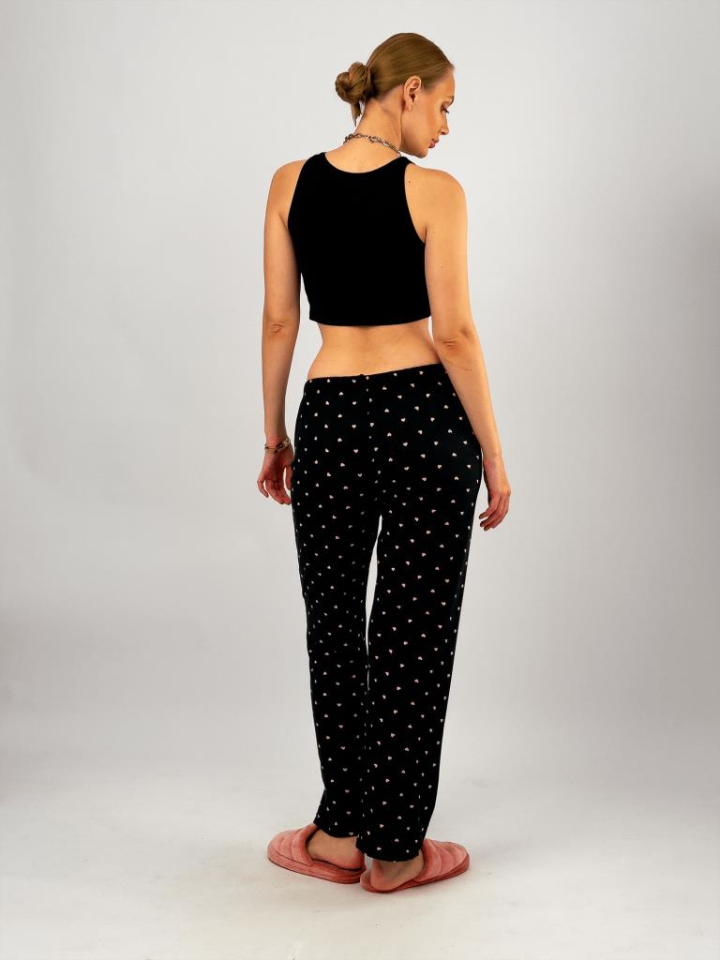 Kadın Kadife Pijama Altı Eşofman Pamuklu Siyah Pembe - XL