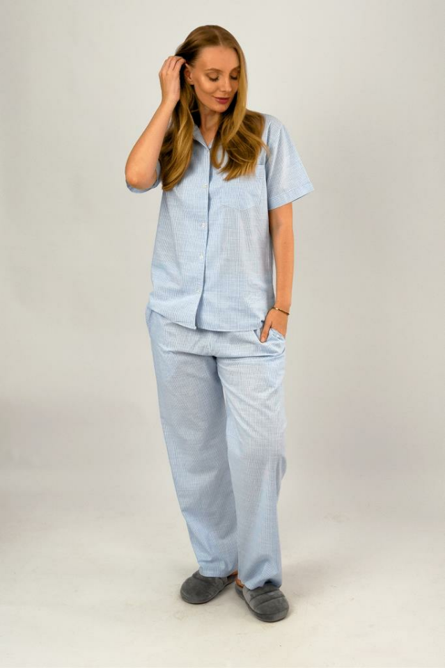 Kadın Pamuklu Önden Düğmeli Cepli Çizgili Kısa Kollu Lastikli Bel Pijama Takımı İnce Çizgi Mavi - 2XL