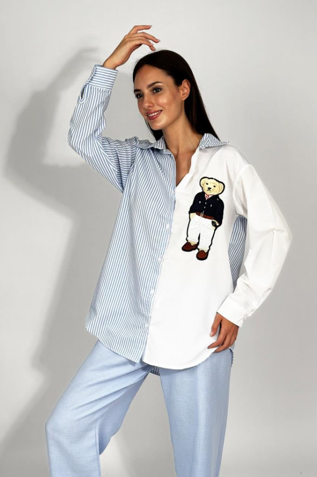 Kadın Pamuklu Nakışlı Ayıcık Desenli Çizgili Gömlek