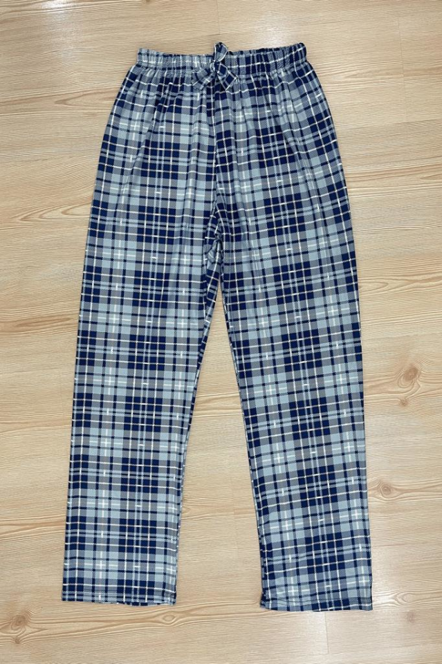 Kadın Kadife Pijama Altı Eşofman Pamuklu Gri Mavi Kare - XL