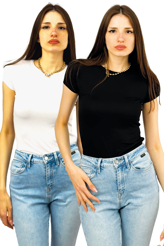 Kadın Kısa Kol Bisiklet Yaka Body 2 Adet Karışık - S/M