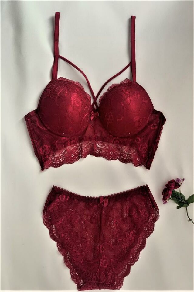 Kadın Dantelli Destekli Desenli Bralet Sütyen Takım BORDO - 75