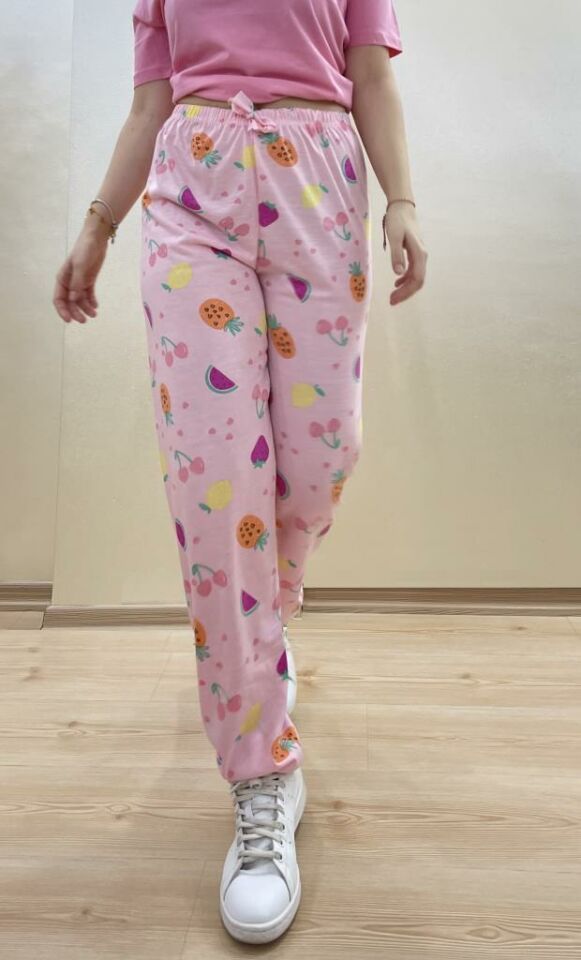 Kadın Lastikli Bel %100 Pamuk Kurdeleli Desenli Pijama Altı M - Pembe Karpuz