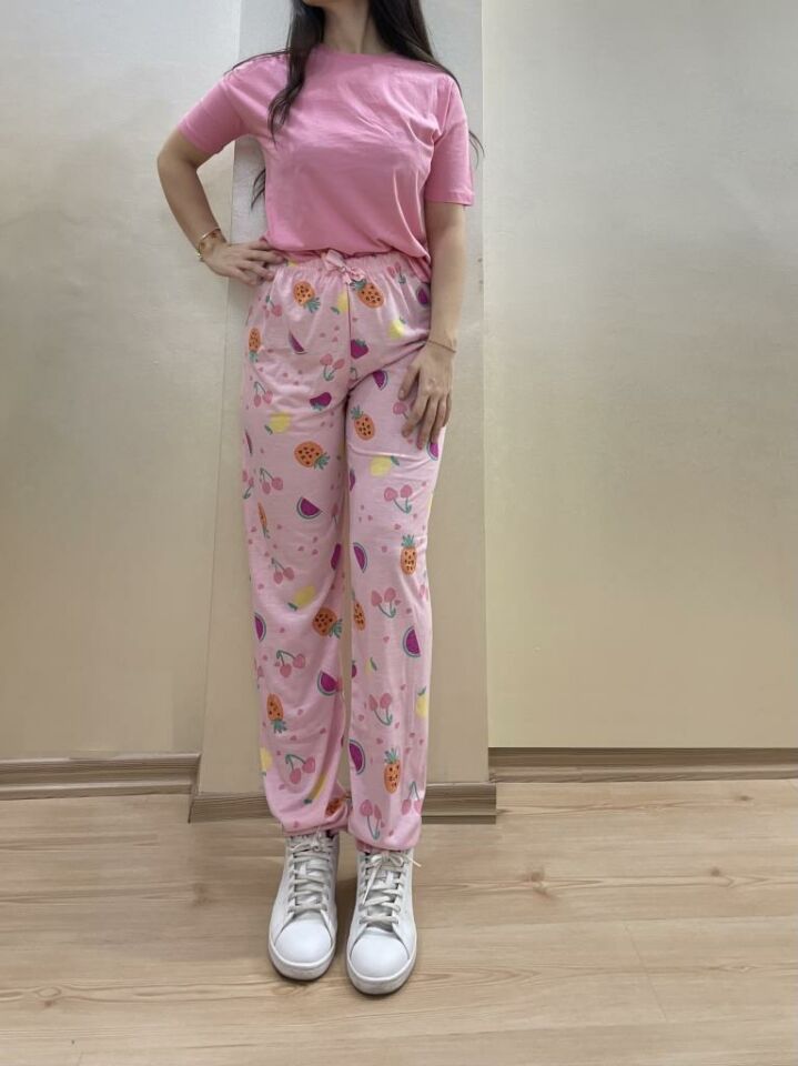Kadın Lastikli Bel %100 Pamuk Kurdeleli Desenli Pijama Altı M - Pembe Karpuz