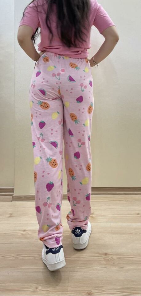 Kadın Lastikli Bel %100 Pamuk Kurdeleli Desenli Pijama Altı M - Pembe Karpuz