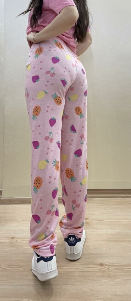 Kadın Lastikli Bel %100 Pamuk Kurdeleli Desenli Pijama Altı M - Pembe Karpuz